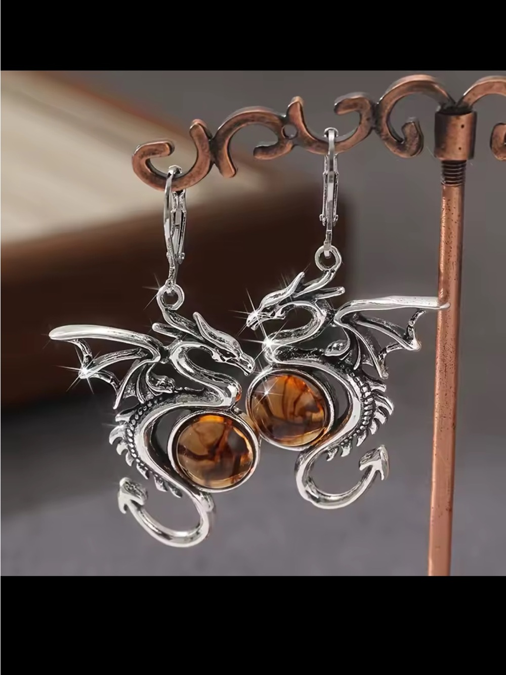 Silver Dragon Earrings with Amber Stone Accents - Women's Jewelry